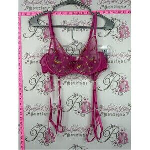 Playful promises 2 piece set  Fuchsia Embroidered Underwire Bra & Garter Straps